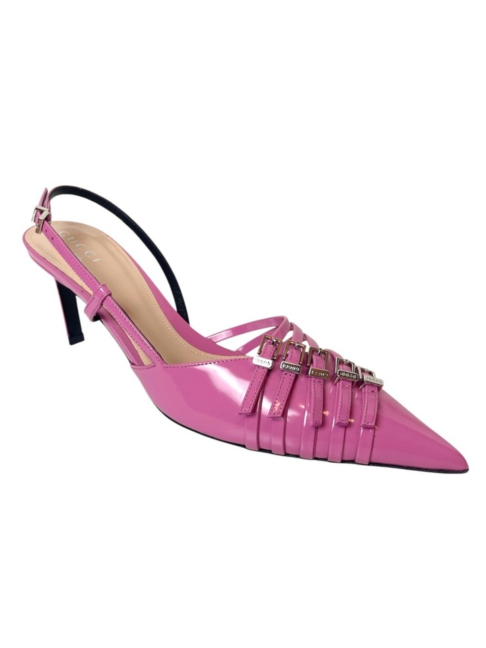 GUCCI Seraphine Pink Buckle Pointed Toe Slingback Pumps Low Heels \\ 37.5